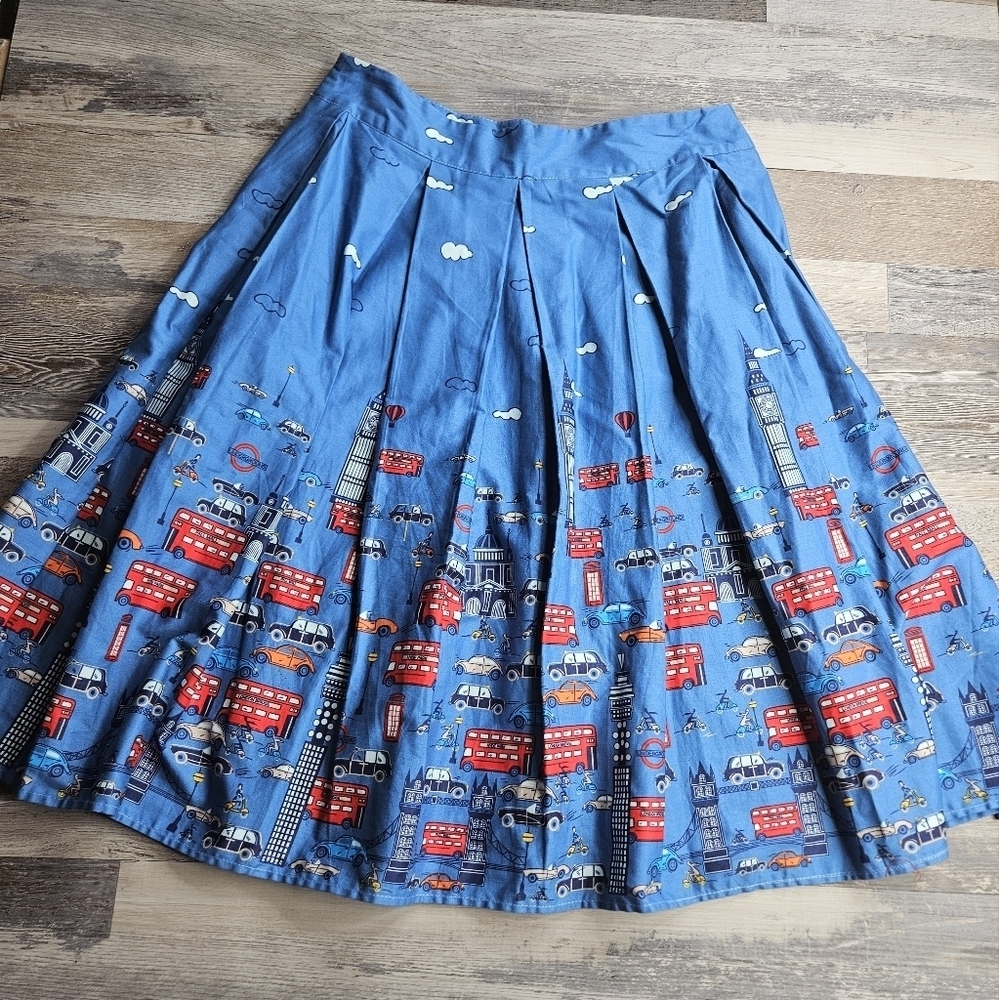 London City Scape Skirt Knife Pleat Blue + Red XXL Side Zipper